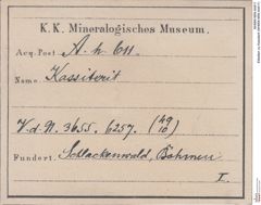 Etiketten zu Kassiterit (NHMW-MIN-Ah611)